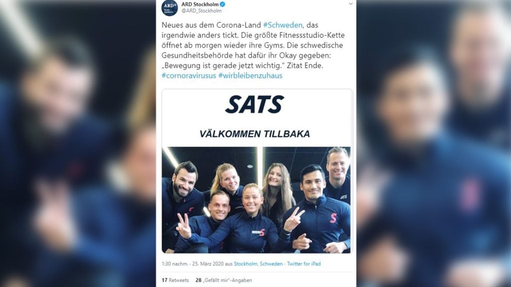 Twitter Mitteilung: SATS - Schwedens größte Fitnessstudio-Kette eröffnet in Corona-Krise